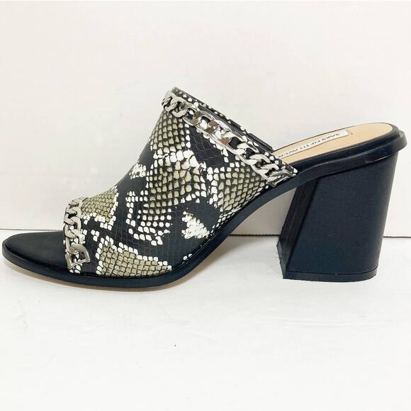 Snake embossed peep toe mules, womens 7.5 python pattern chain trim chunky heels - Picture 11 of 11